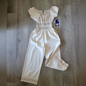 Smocked-Waist Cream Jumpsuit with Pockets